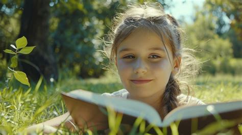 Premium Photo Young Girl Laying In Grass Reading Book