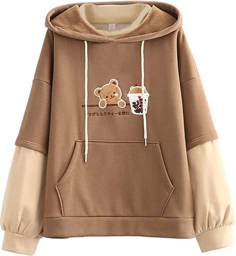 YINGKE Femme Mignon Ours Brodé Sweat à Capuche Fille Kawaii Sweatshirt