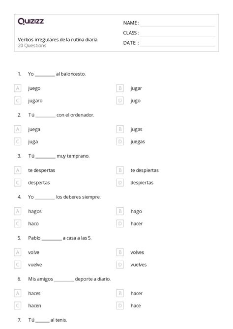 50 Verbos Irregulares Hojas De Trabajo Para Grado 7 En Quizizz Gratis E Imprimible