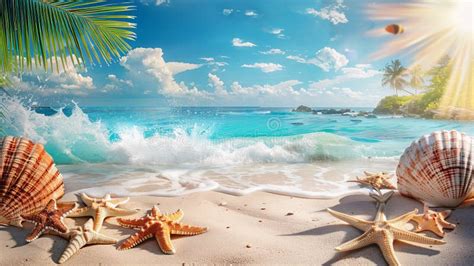 Scenic Tropical Beach With Seashells And Starfish On The Sandy Shore