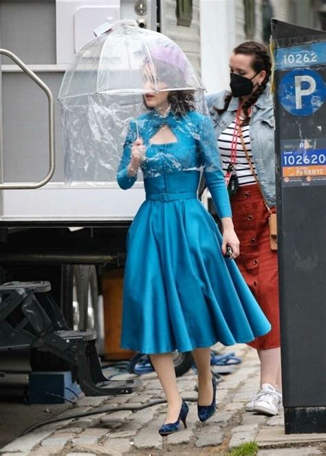 Rachel Brosnahan In A Blue Dress On The Set Of The Marvelous Mrs Maisel In New York Celeb Donut