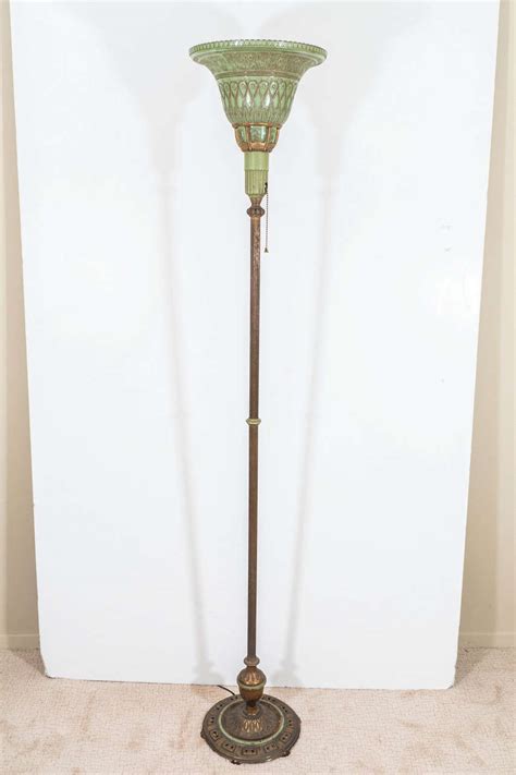 Early 20th Century Art Nouveau Brass Torchiere With Green Glass Shade At 1stdibs