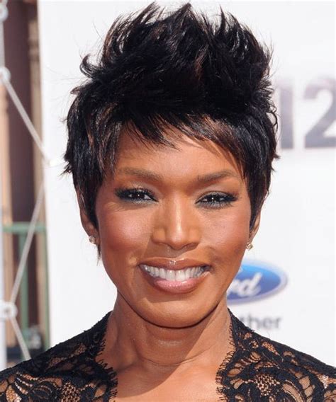 Angela Bassett Black Pixie Haircut With Side Swept Bangs And Dark Brunette Highlights Short