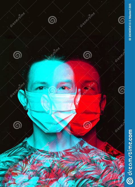 Close Up Portrait Of Caucasian Man Wearing Face Mask Background Modern And Trendy Duotone