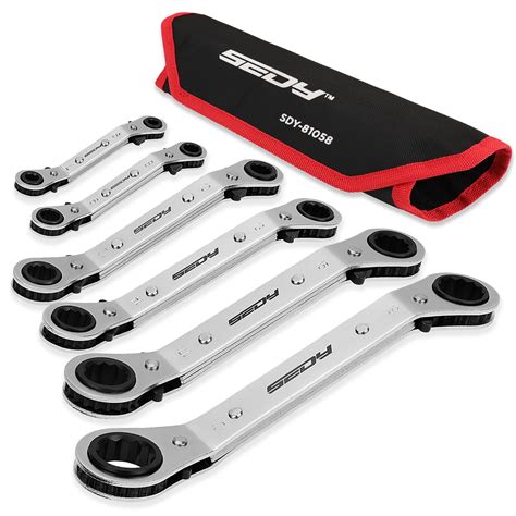 Metric Ratchet Box Wrench Set - 6-Piece Ratcheting Head Reversible Double Offset Wrenches Socket ...