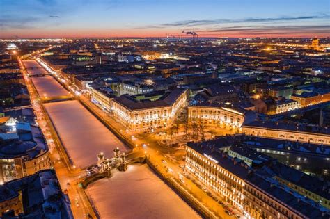 Night Wide Angle View Of Fontanka River Embankment And Lomonosov Bridge