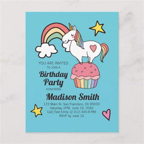 Cute Rainbow Unicorn Stars Hearts Birthday Party Invitation Postcard Zazzle Rainbow Unicorn