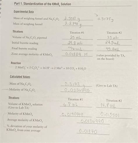 Solved Part Standardization Of The Kmno Solution Chegg