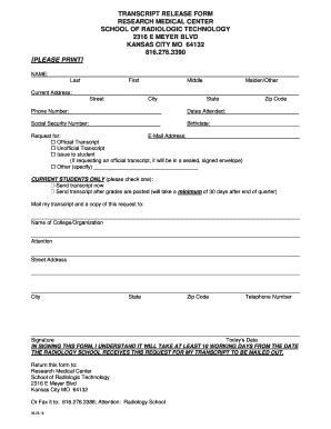 Fillable Online Research Medical Center Transcript Release Form