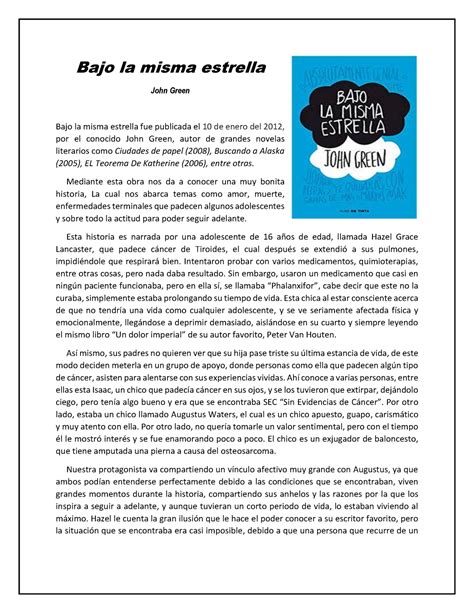 Reporte De Lectura Del Libro De Bajo La Misma Estrella Bajo La Misma