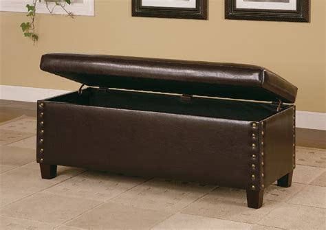 Dark Brown Bi Cast Leather Storage Bench With Nailhead Trim Bed Bath