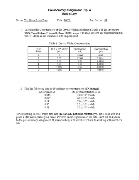 Beer S Law Prelab Pre Laboratory Assignment For Beer S Law