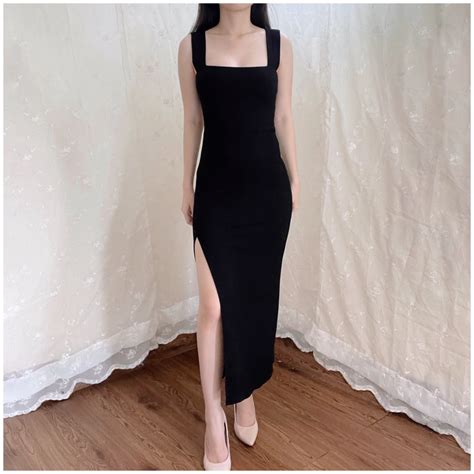 Black Square Tank Slit Midi Bodycon Dress Ribbed Knit Evening Cocktail Party Gown Terusan Hitam