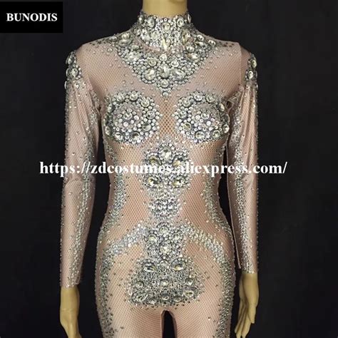 Zd160 Star Style Big Glass Diamonds Women Jumpsuit Full Of 1000pcs Sparkling Crystals Hand Made