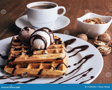 Belgian Waffles With Ice Cream And Coffee 2 Stock Photo Image Of