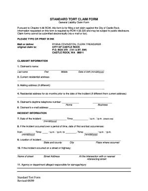 Fillable Online Ci Castle Rock Wa Standard Tort Claim Form City Of