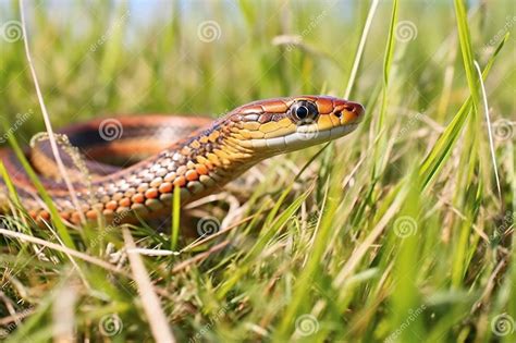 Side View Of Garter Snake Slithering Through Grass Stock Photo Image