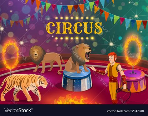 Lion and tiger tamer performing on circus arena Vector Image