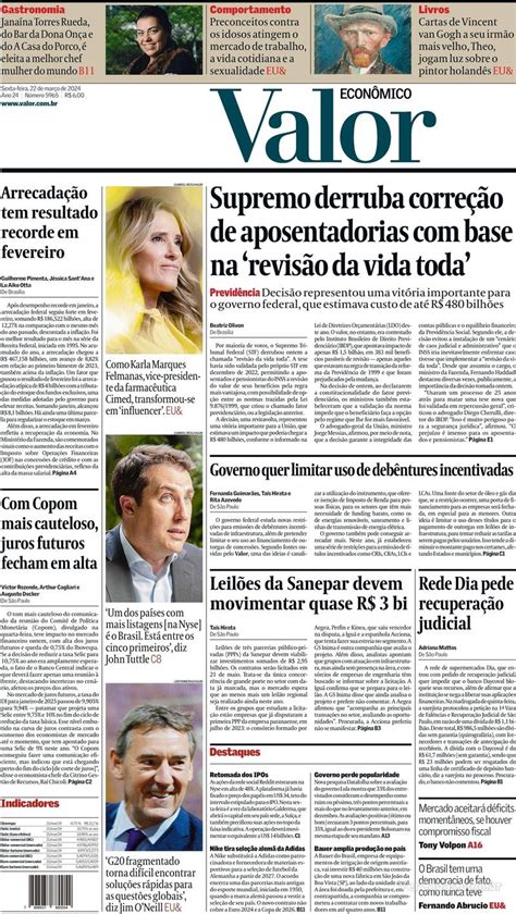 Capa Valor Econômico Edição Sexta 22 de Março de 2024