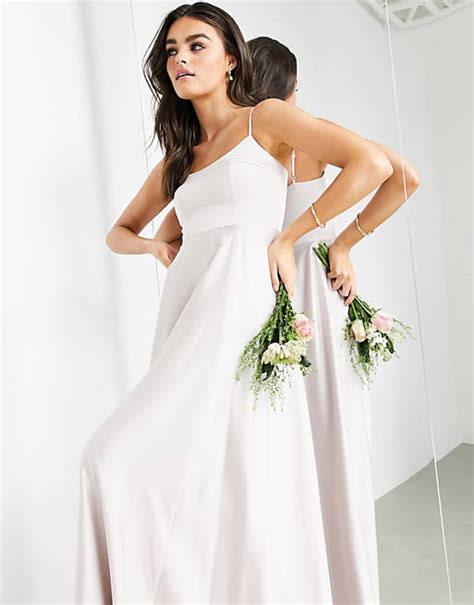 Asos Design Bridesmaid Satin Cami Maxi Dress With Square Neck In Pale