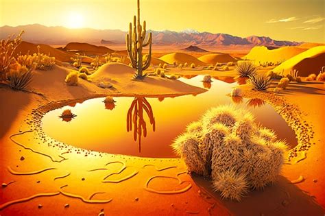 Paisaje desértico con cactus y dunas de arena sol reflejado en estanque