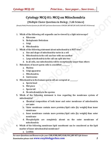 Cytology Mcq 01 Mcq On Mitochondria Cytology Mcq 01 Print Less Save