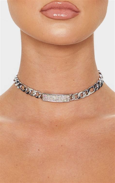 Silver Chunky Iridescent Diamante Bar Choker Prettylittlething Aus