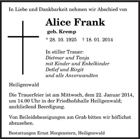 Traueranzeigen Von Alice Frank Saarbruecker Zeitung Trauer De