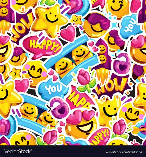 Smiley faces sticker emoji love seamless pattern Vector Image