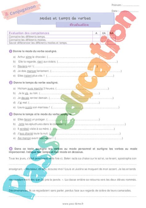 Modes Et Temps Des Verbes Evaluation De Conjugaison Pour La Me