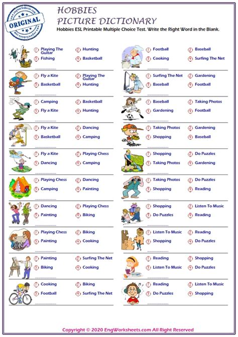 Hobbies Printable English Esl Vocabulary Worksheets Engworksheets