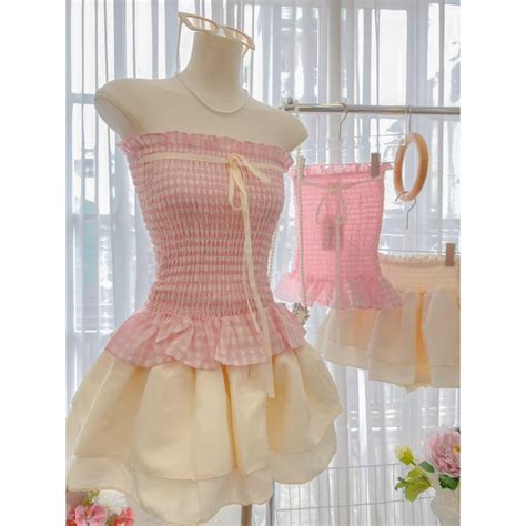 Set áo ống nhúng caro hồng váy tầng xoè cực xinh hot trend fashion thời trang nữ KBI BOUTIQUE