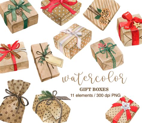 Watercolor Gift Box Clipart Png Christmas Presents Craft Etsy