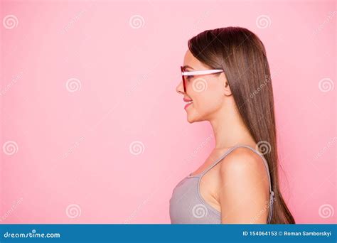 Profile Side Photo Of Attractive Lady Looking Wearing Eyeglasses Eyewear Isolated Over Pink