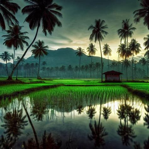 Premium AI Image Majestic View Of Paddy Field A Small Hut Coconut