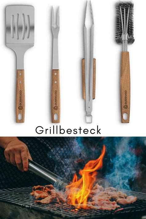 BURNHARD Grillbesteck Set 4 TLG 45 Cm Akazienholz Edelstahl