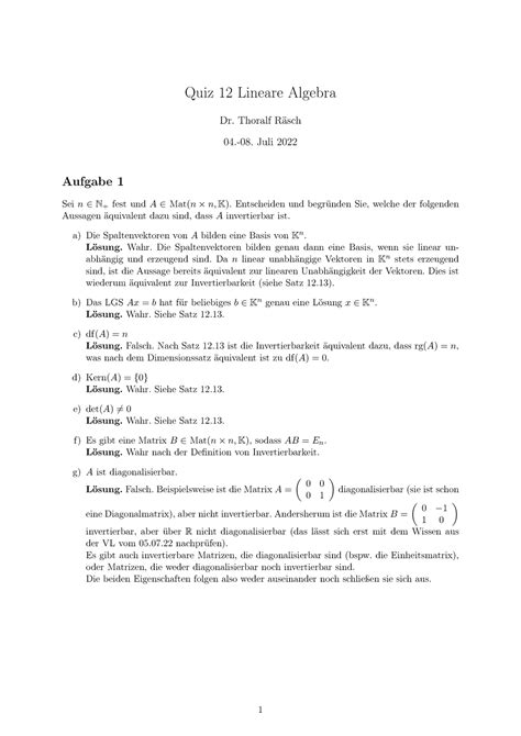 12 Quizaufgaben Lineare Algebra Quiz 12 Lineare Algebra Dr Thoralf