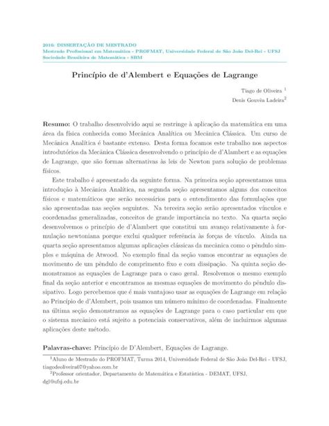 Pdf Princ Pio De Dalembert E Equac Oes De Lagrange Uma Vantagem