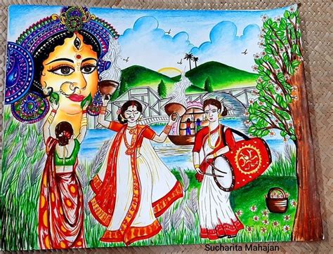 Celebrate Of Durga Puja Painting By Sucharita Mahajan Student Of