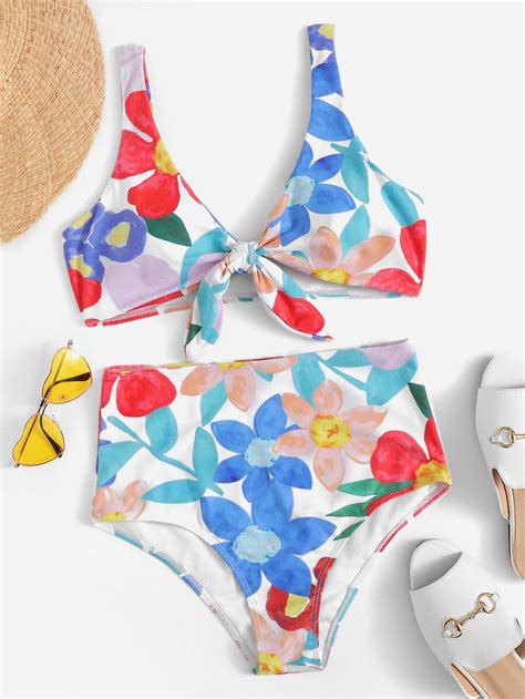 Random Floral Knot Front Top With High Waist Bikini SHEIN Bikini Suit