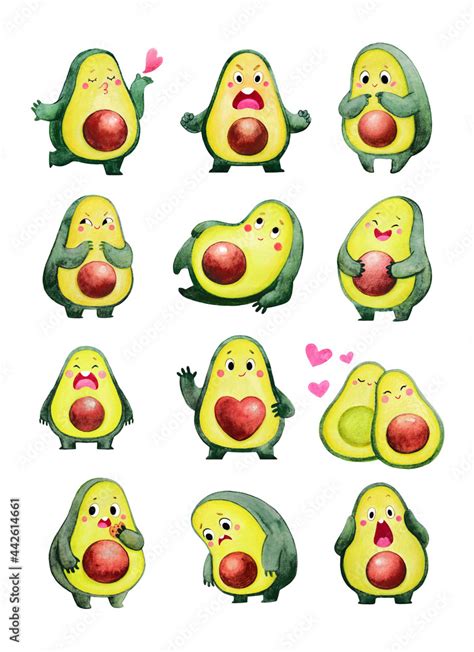 Cute Watercolor Avocados Different Emotions A Large Set Of Hand Drawn