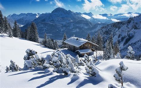 Tyrol Austrian Alps Cabin Snow Trees Clouds Landscape Sky