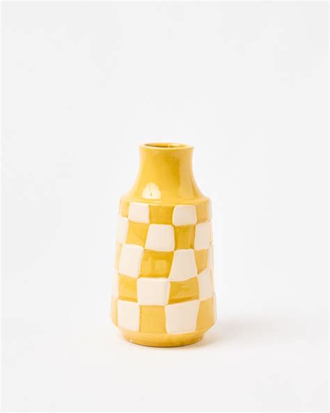 Pambo Yellow Chequerboard Ceramic Vase Oliver Bonas In Ceramic