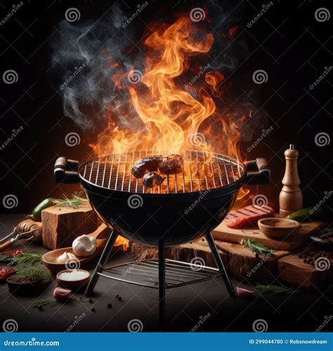 Empty Barbecue BBQ Grill With Flaming Fire And Ember Charcoal On Black