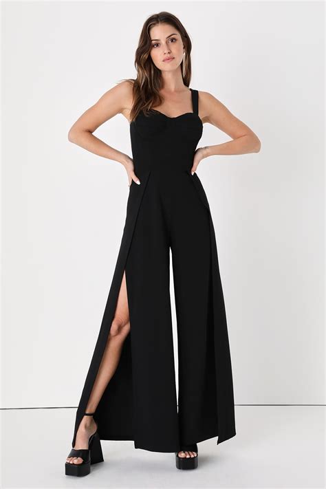 Black Bustier Jumpsuit Flyaway Wide Leg Jumpsuit Jumpsuit Lulus