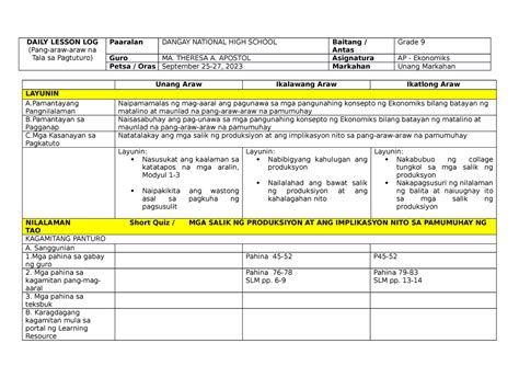 Q1 Week 5 Lesson Plan Daily Lesson Log Pang Araw Araw Na Tala Sa