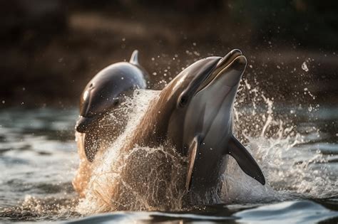 Premium AI Image | A dolphin and a baby are playing in the water.