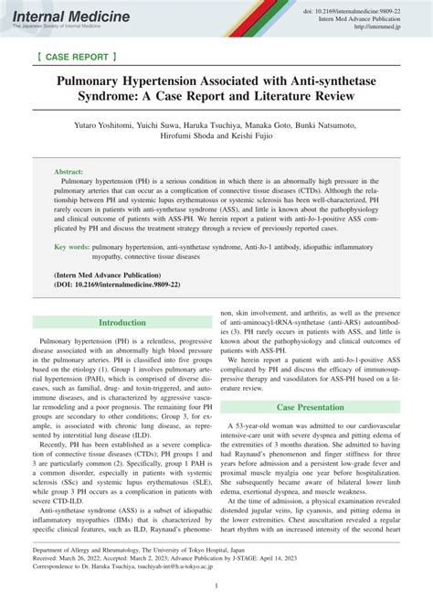 Pdf Pulmonary Hypertension Associated With Anti Synthetase Syndrome A Case Report And