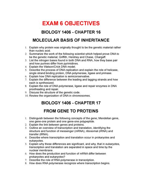 BIOL 1406 Lecture Ch16 17 Objectives And Notes EXAM 6 OBJECTIVES