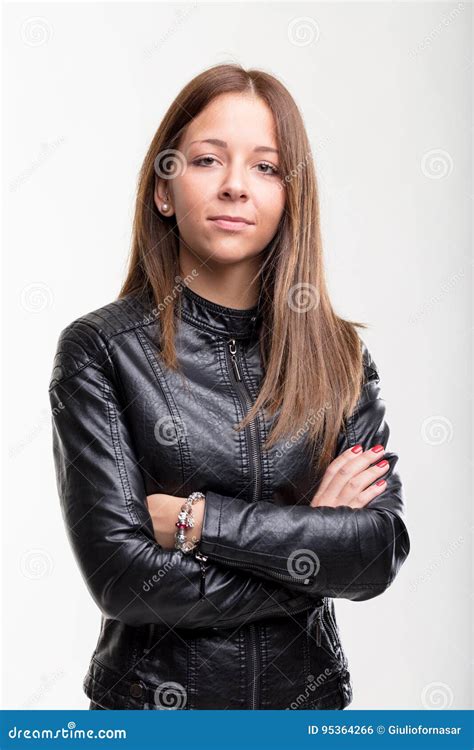 Confident Young Woman In A Leather Jacket Stock Photo Image Of Girl